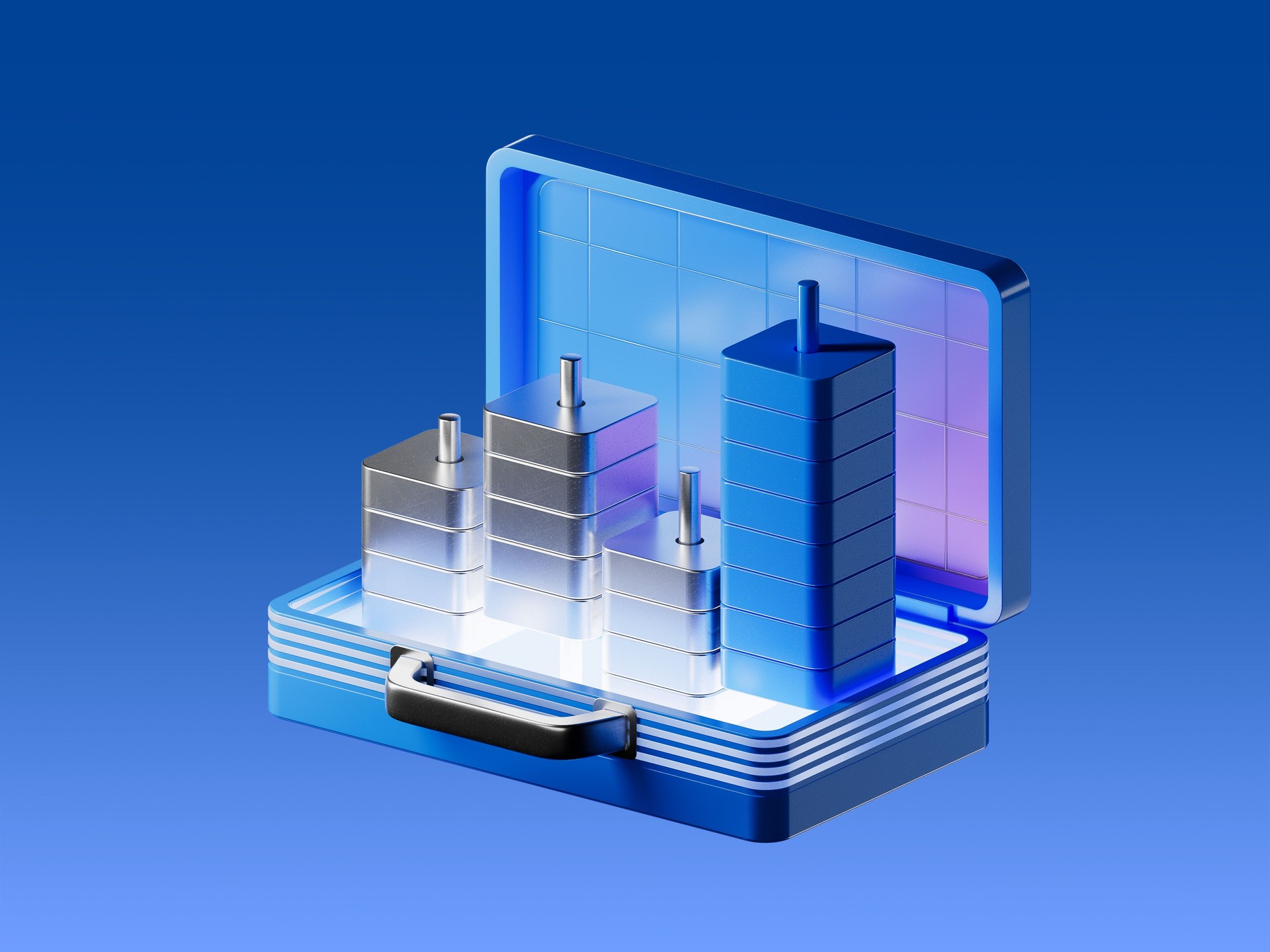 3D icon of a financial case with candlestick chart elements inside, symbolizing trading data, market trends, and investment portfolio. Isolated on blue background.